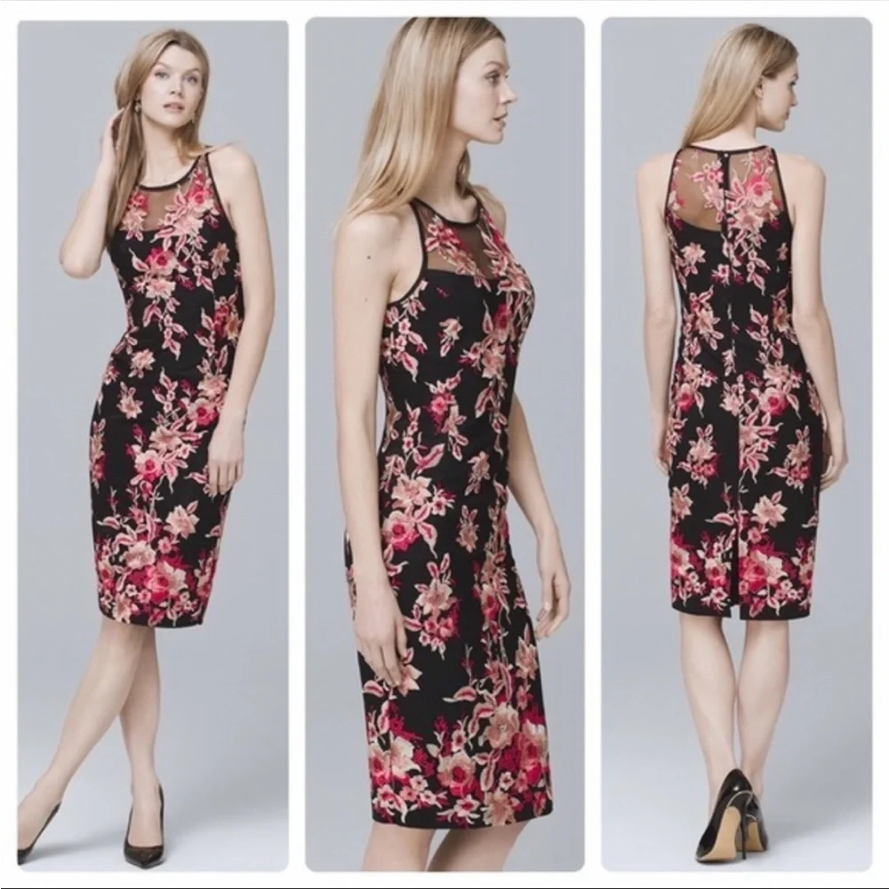 ⭐️NEW⭐️ WHBM Sleeveless Black Pink Gold Embroidered Mesh Sheath Dress - Picture 3 of 11